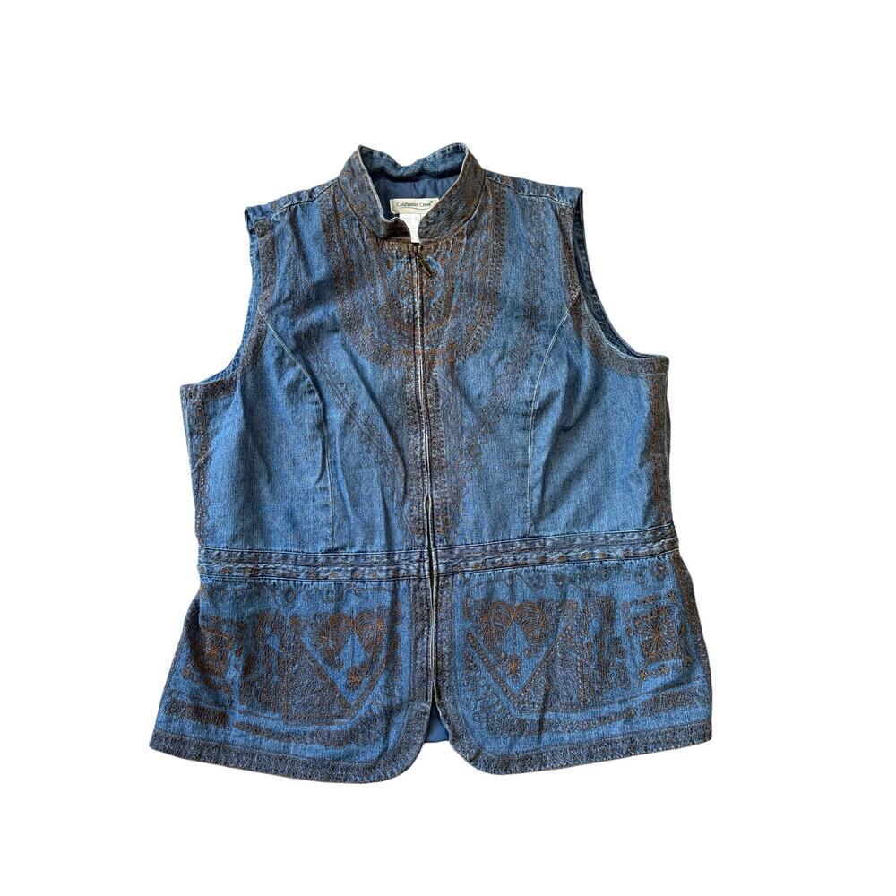 Coldwater Creek Blue Denim Women Embroidered Zip Front Vest Plus Size 1X